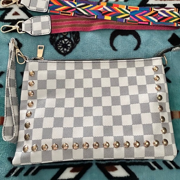 Handbags - NWOT Gray & White Checkered Clutch with Gold Accents